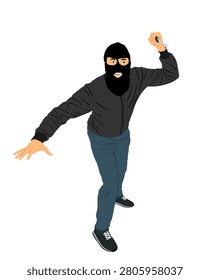 Burglar in phantom mask with knife in hand attacking on victim vector illustration isolated on white background. Terrorist man with weapon in public. Armed housebreaker male treat for life people.