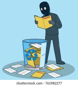 Burglar reading deleted documents vector illustration. Computer Privacy security concept design
