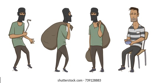 A burglar, robber, thief. Man in balaclava mask with huge sack and crowbar. A criminal in prison in striped clothes. Vector Illustration, isolated on white background.