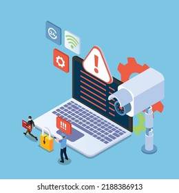 A burglar steals data from a laptop caught by an officer isometric 3d vector illustration concept for banner, website, illustration, landing page, flyer, etc.