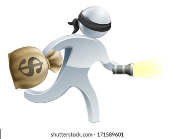 Burglar or thief with face mask running off with a big sack of money and a torch or flashlight