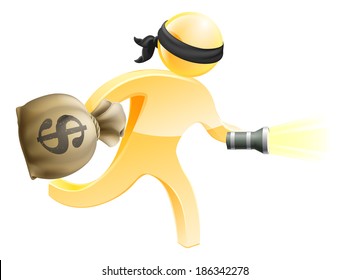 Burglar or thief with face mask running off with a big sack of money and a torch or flashlight