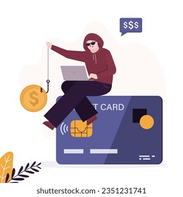 Ladrón ladrón ladrón con gafas y capucha sentado en la tarjeta de crédito y sostiene el cebo en el anzuelo. Hacker robando dinero de la banca en línea. Problema de la protección del capital, estafa, phishing. ilustración vectorial