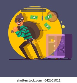 Burglar thief in mask on the big opened safe full of gold coins, cash, money. Flat vector illustration
