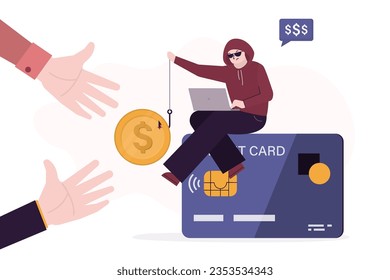 Burglar thief sitting on credit card and holds bait on hook. Hacker stealing money from online banking. Hands of stupid users want to grab bait. Problem of capital protection, scamming, phishing.