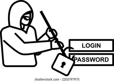 Burglar Trying To Break the Gate with a Crowbar Concept, Breaking Master Lock vector line icon design, cyber-terrorism symbol, Cyberpunk Sign, security breakers stock illustration