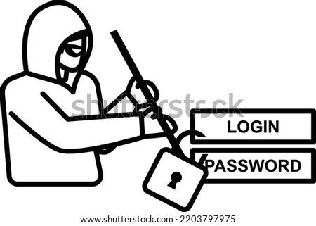 Burglar Trying To Break the Gate with a Crowbar Concept, Breaking Master Lock vector line icon design, cyber-terrorism symbol, Cyberpunk Sign, security breakers stock illustration