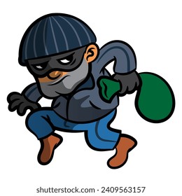 A Burglar wearing mask and beanie hat sneaking at night and carrying a bag of money. Best for mascot, logo, and sticker with security services themes