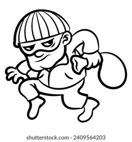 A Burglar wearing mask and beanie hat sneaking at night and carrying a bag of money. Best for outline, logo, and coloring book with security services themes