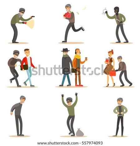 Burglars, Pickpockets And Thieves Set Of Smiling Criminals At The Crime Scene Stealing Vector Illustrations. Cartoon Outlaw Male Characters Thieving Wearing Mask And Dark Clothes.
