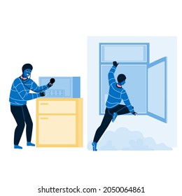 Burglars Robbing House Wearing Balaclava Vector. Burglars Climbing In Window And Hacking Financial Safe Equipment. Characters Thief Man Criminal Occupation Flat Cartoon Illustration