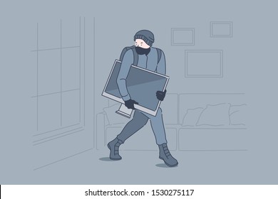 Burglary, crime, robbery, theft concept. Robber stealing TV set from apartment, lawbreaker, masked thief, housebreaker sneaking with tv set in darkness. Simple flat vector