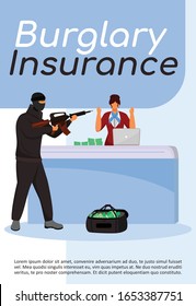 Burglary insurance poster flat vector template. Bank robbery. Armed attack, assault. Criminal act. Brochure, booklet one page concept design with cartoon characters. Flyer, leaflet