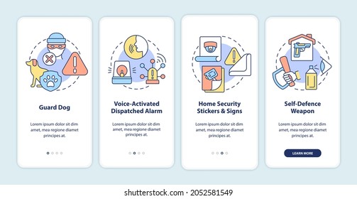 Burglary prevention onboarding mobile app page screen. Security system walkthrough 4 steps graphic instructions with concepts. UI, UX, GUI vector template with linear color illustrations