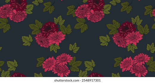 Burgundy abstract artistic flowers seamless pattern. Vector drawn illustration florals. Stylized bouquet dahlia peonies chrysanthemum printing. Nature ornament for designs, fabric, textiles