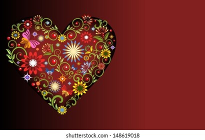 Burgundy background with floral elements in the form of heart