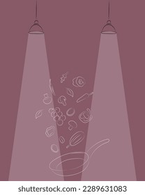 Fondo borgoñés sobre la temática del restaurante, un boceto de líneas dibujadas a mano de una sartén frita y verduras, cocina