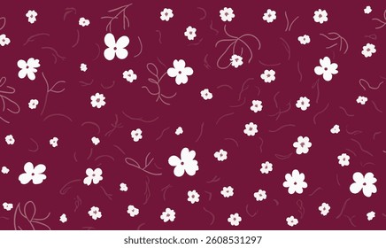 Burgundy background with white floral pattern. Cute white flower vector patterns. Burgundy and white floral repeatable design. Burgundy and white floral background, template.