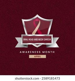 A Burgundy and beige ribbon, the symbol of International Oral Head and Neck Cancer Awareness Month, displayed on a silver shield with a floral background.