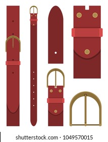 Burgundy belt with buckle isolated on white background. Element of clothing design. Belt trouser in flat style. Vector illustration