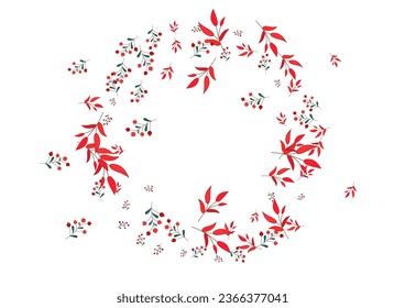 Burgundy Berries Background White Vector. Rowan Decoration Illustration. Red Leaf. Green Foliage Autumn. Floral Template.
