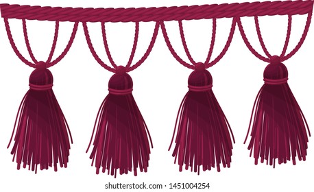 Burgundy braid with tassels. Vector illustration on white background.