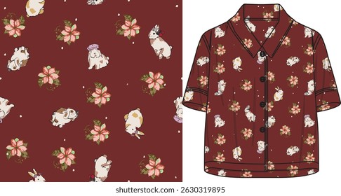Burgundy Button-Up Shirt with Bunnies and Floral Print