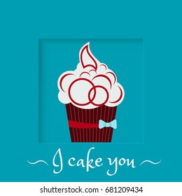 Burgundy cake with a bow on a turquoise background. greeting card