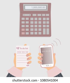 Burgundy calculator on grey background with grey and red buttons. On the screen one million. Two female`s hands with mobile phone and to do list with the telephon`s numbers.Vector illustration