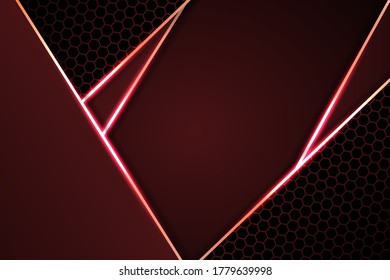 Burgundy carbon fiber hexagon background with neon glow lines and highlights on carbon grid. Modern futuristic background.