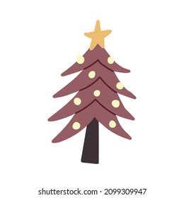Burgundy Christmas tree with toys and a star hand drawn naive art