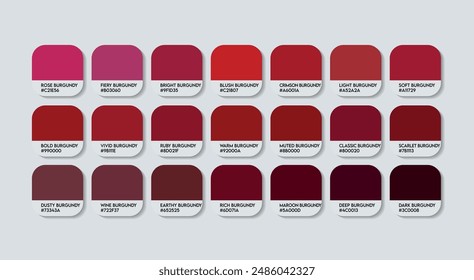 Burgundy Color Palette, Burgundy Color Guide Palette with Color Names. Catalog Samples of Maroon with RGB HEX codes and Names. Dark Cream Colors Palette Vector, Wood Brown Color Palette Vector tones