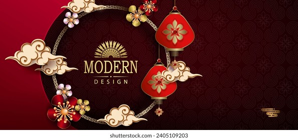 Burgundy composition with a round gold frame, flowers and lanterns in the style of paper art.
