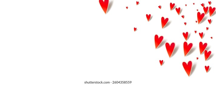 Burgundy Confetti Vector Panoramic White Backgound. Happy Heart Pattern. Red Falling Hearts Card.