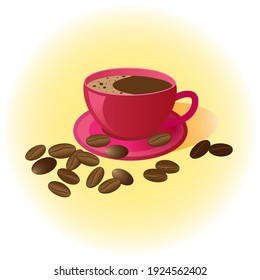 Burgundy cup with coffee on a pale yellow background. Coffee beans are scattered around the cup.