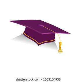 Burgundy Education Cap with golden elements on white background. Marsala graduation student hat. Vector illustration