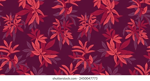 Borgoña elegancia selva patrón sin fisuras con ramas hojas. Abstractas impresión botánica artística. Vector dibujado a mano ilustración. Plantilla para diseños, textil, moda, tela, diseño de superficie,
