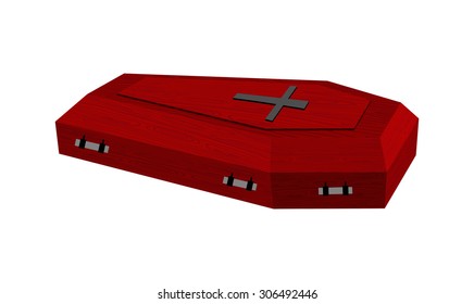 Burgundy expensive coffin for rich with handles on a white background. Vector illustration.
