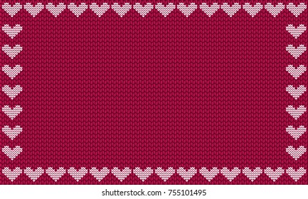 Burgundy fabric knitted background framed with knit white hearts. Vector illustration, template, poster with space for text. Valentines, marriage, love concept.