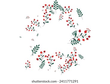 Burgundy Foliage Background White Vector. Berries Natural Card. Green Herb Decoration. Isolated Design. Leaf Abstract.
