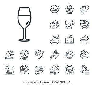 Burgundy glass sign. Crepe, sweet popcorn and salad outline icons. Wine glass line icon. Wineglass line sign. Pasta spaghetti, fresh juice icon. Supply chain. Vector