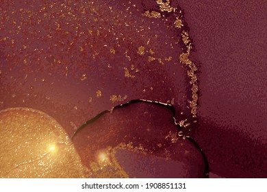 Burgundy and gold pattern with texture of marble and sparkles. Abstract vector background in alcohol ink technique. Modern paint with glitter. Template for banner, poster design. Fluid art painting