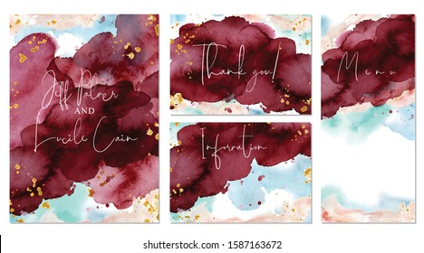 Burgundy and gold wedding set with  hand drawn watercolor background. Includes Invintation, information, menu and thank you cards templates. Vector set