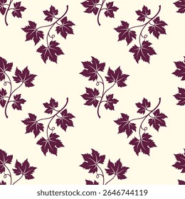 Ramas de uva borgoña sobre fondo crema claro, patrón con silueta de vid de uva. Textil.