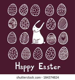 burgundy Happy Easter background with eggs and rabbit