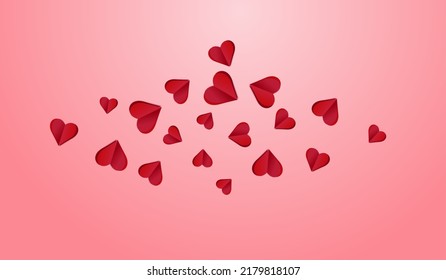 Burgundy Heart Vector Pink  Backgound. Falling Confetti Texture. Maroon Color Cut Papercut Border.