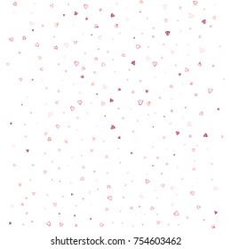 Burgundy hearts confetti. Scattered of the little red hearts. Random falling sketch pink confetti on white valentine background. Pencil drawing texture. Vector illustration.