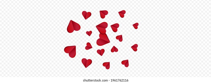 Burgundy Hearts Vector Transparent Panoramic Backgound. 3d Heart Border. Red Fly Confetti Design.