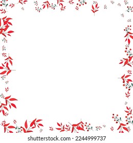 Burgundy Herb Background White Vector. Leaf Drawn Card. Green Leaves. Red Rowan Decor. Organic Template.