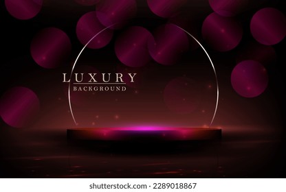 Burgundy illustration with round podium, thin shiny golden arch